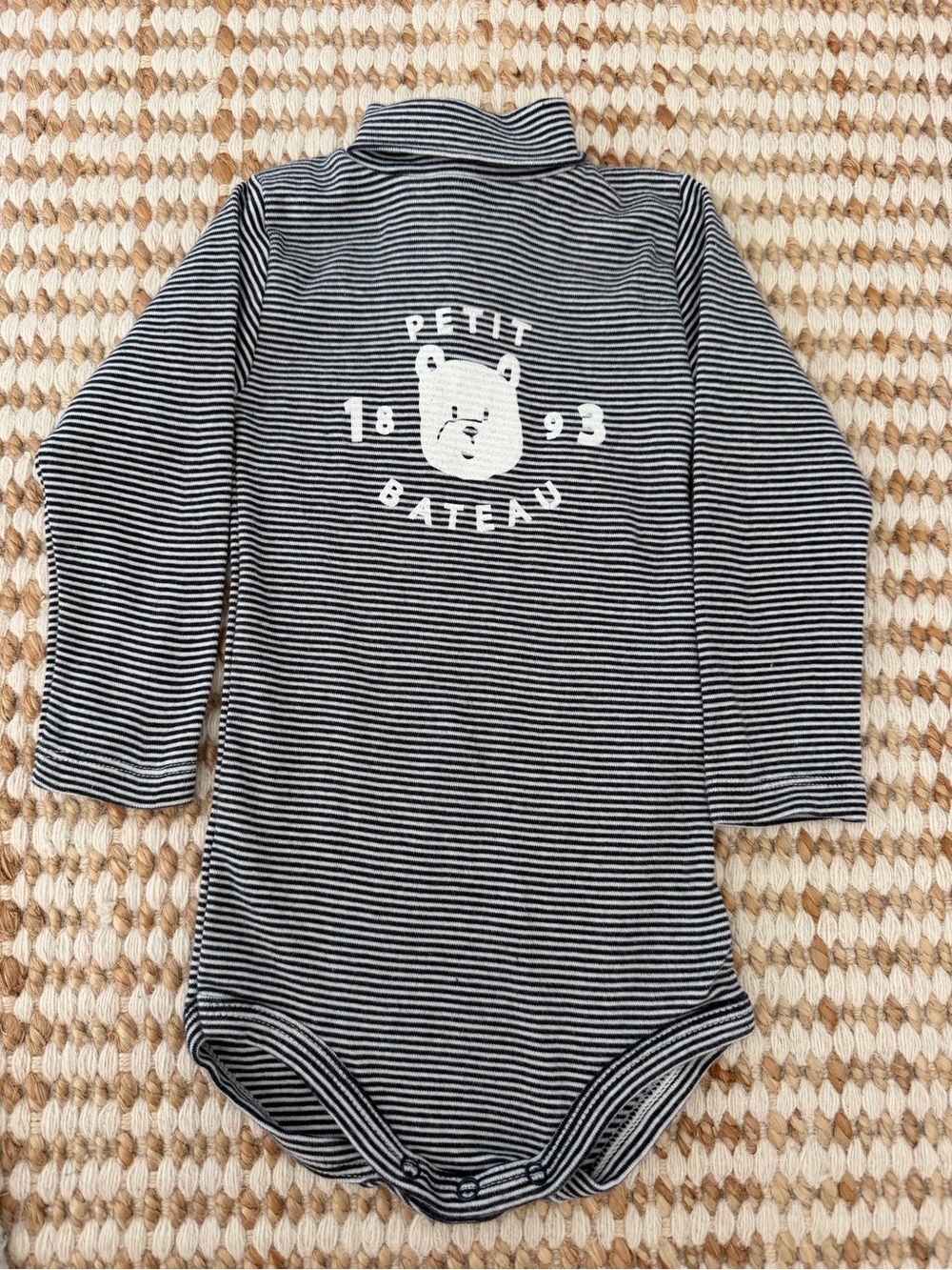 The Petit Bateau Navy/White Striped Bear Print Long Sleeve Snap Bodysuit 9-12M
